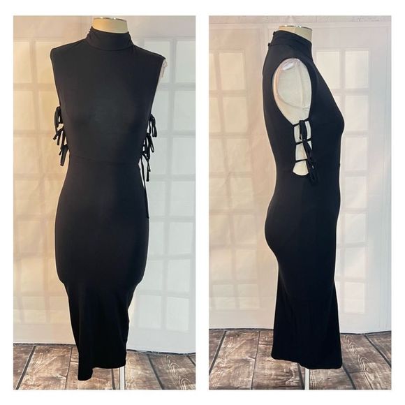 ASOS NWT black mock neck side ties midi bodycon dress size 4 - Picture 1 of 11